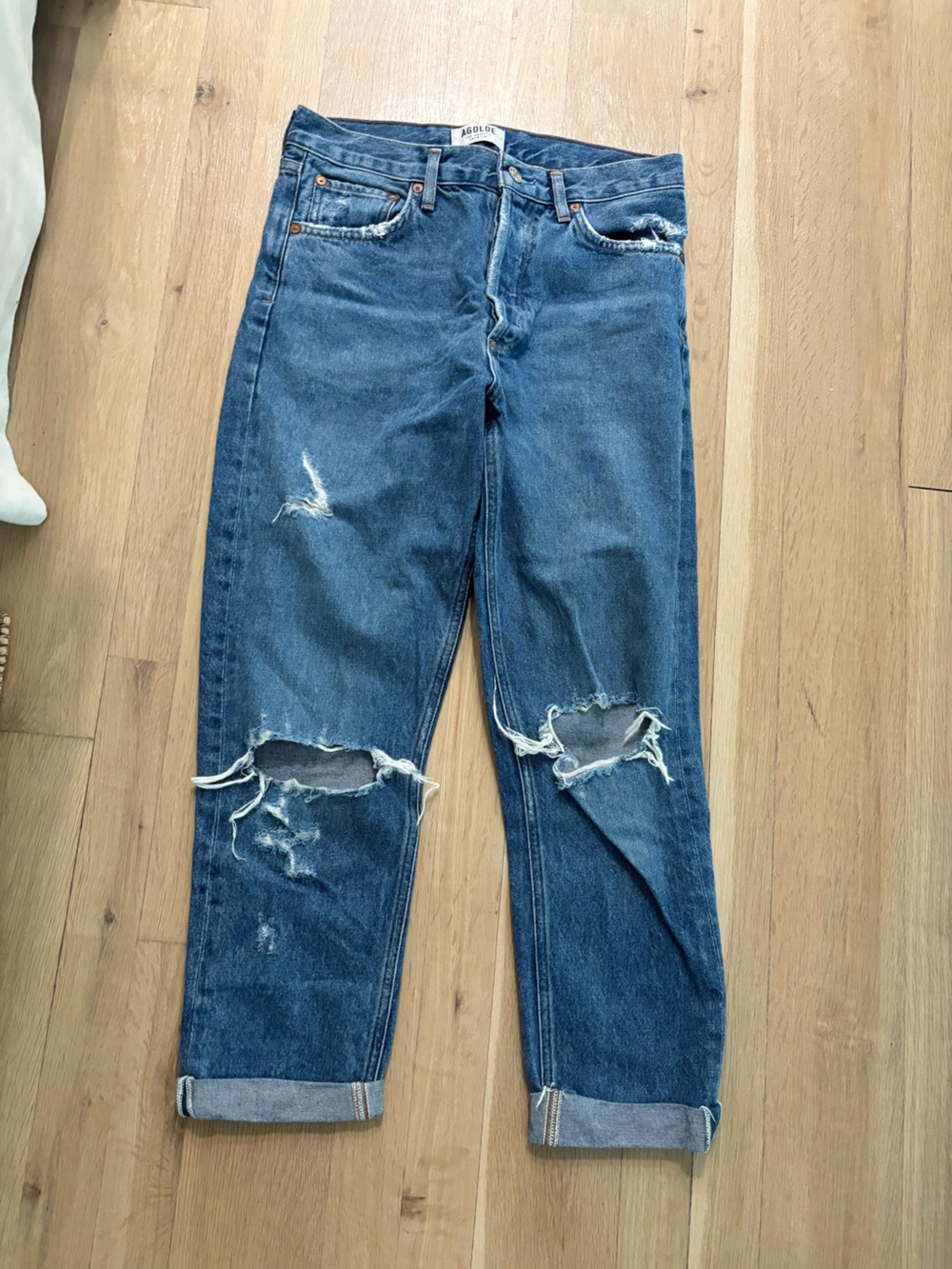 Agolde Blue Straight Jeans with Knee Distressing
